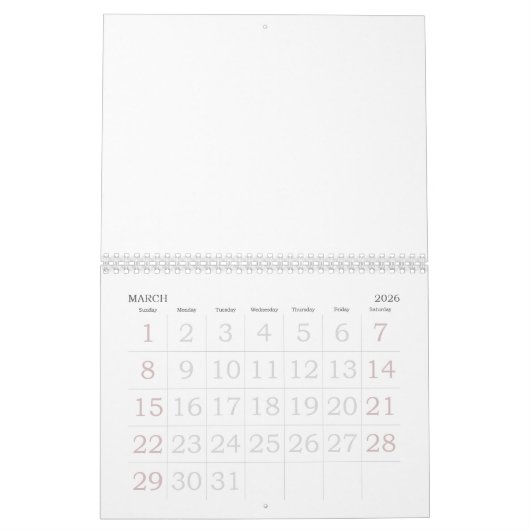 2025 Calendrier Blanc Avec Vacances Nombres Grands (Mar 2026)