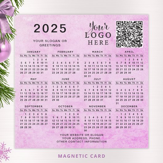 2025 Calendrier QR Code Business Logo Pink Magnet