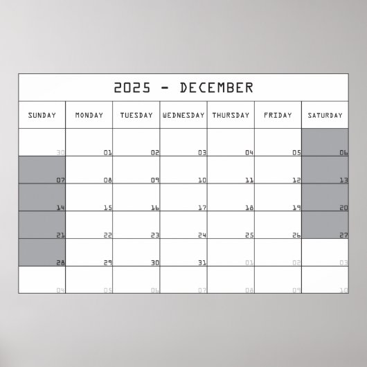 2025 december Planer Calendar Big Notes Space Poster (Voorkant)