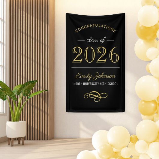 2025 Elegant Goud Zwart Custom Afstuderen Spandoek