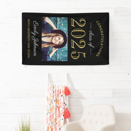 2025 Elegant Goud Zwart Custom Photo Afstuderen Spandoek (Insitu)