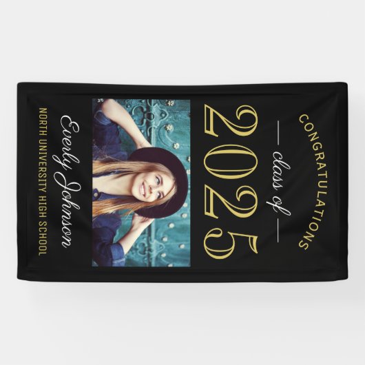 2025 Elegant Goud Zwart Custom Photo Afstuderen Spandoek (Horizontaal)