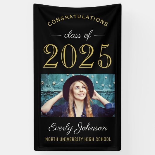 2025 Elegant Goud Zwart Custom Photo Afstuderen Spandoek (Verticaal)