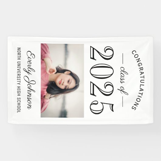 2025 Elegant Zwart Wit Custom Photo Afstuderen Spandoek (Horizontaal)