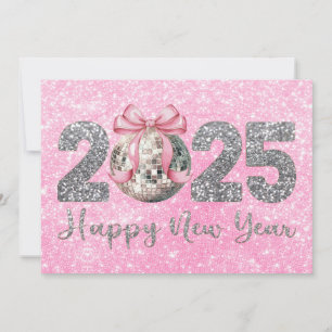 2025 Gelukkig Nieuwjaar Disco Bal Roze Strik Feestdagenkaart