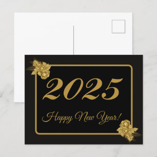 2025, Gelukkig Nieuwjaar!gouden bloem & zwarte ach Briefkaart