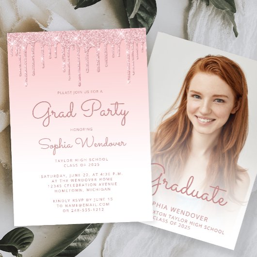 2025 Glam Blush Pink Glitter Drip Foto Afstuderen Kaart