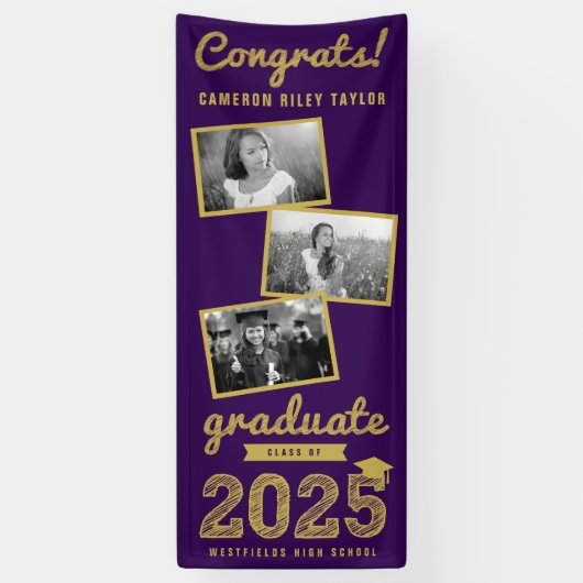 2025 Gold Sketch 3 Photo Collage Afstudeerfeest Spandoek (Verticaal)