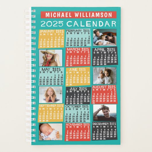 2025 Jaar Kalender Modern 12 Foto Collage Naam SM Planner (Voorkant)