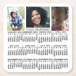 2025 Jaar Kalender Wit 3 Fotocollage Aangepast Vierkante Kartonnen Onderzetter
