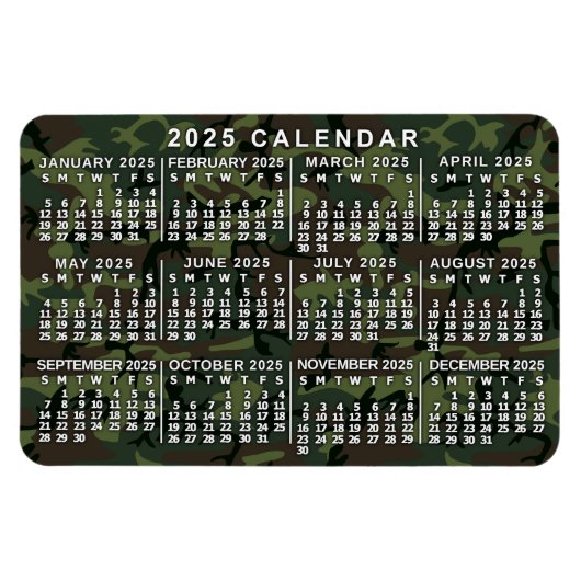 2025 Jaar Maandelijkse Kalender Camouflage Camo Gr Magneet (Horizontaal)