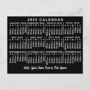 2025 Jaar Maandelijkse Kalender Classic Zwart-wit Briefkaart