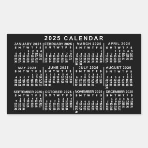 2025 Jaar Maandkalender Klassiek Zwart en Wit Rechthoekige Sticker