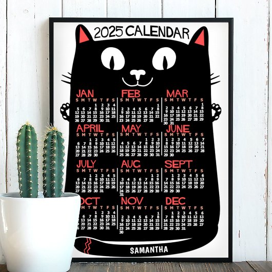 2025 Jaar Maandkalender Midden-Eeuwse Zwarte Kat Poster