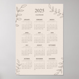 2025 Jaarkalender Bloemenlijn Kunst Minimalistisch Poster