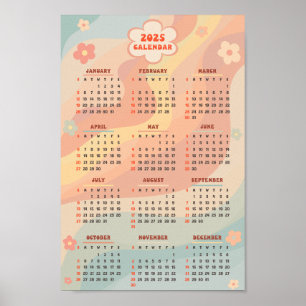 2025 Jaarkalender Groovy Vintage Pastel Swirl   Poster
