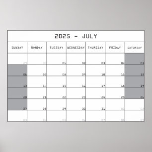 2025 juli Planer Calendar Big Notes Space Poster