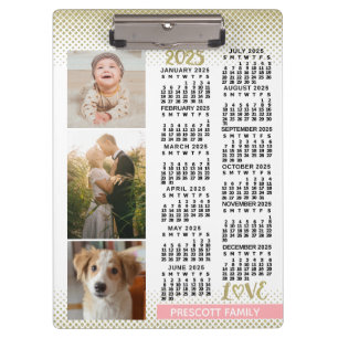 2025 Kalender Blush Roze Goud Familie Fotocollage Klembord