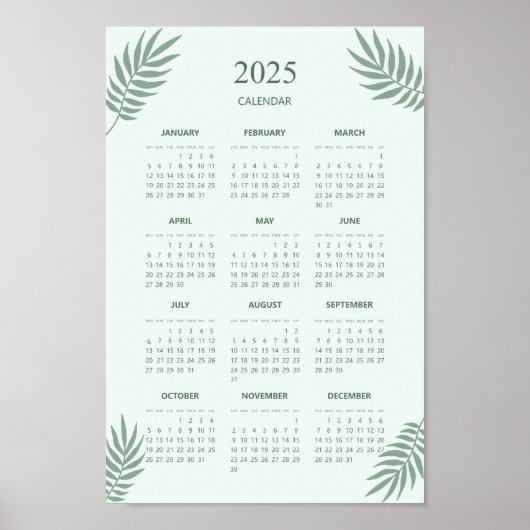 2025 Kalender Boho Bloem Aesthetic Mintgroen Poster (Voorkant)