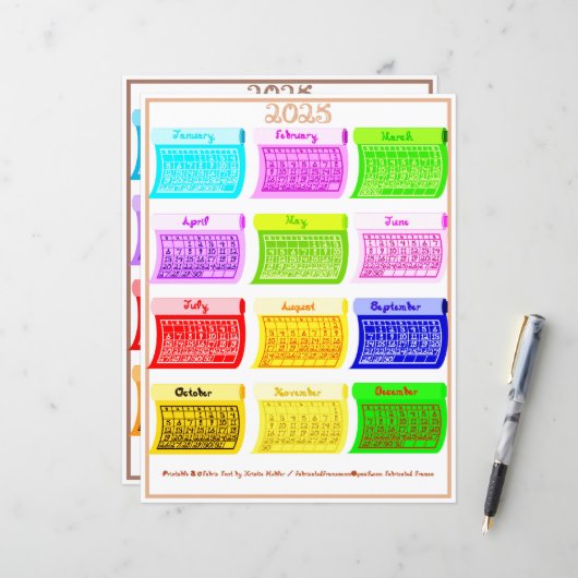 2025 Kalender Bolt Fabric Font 12 Kleurmaanden (Voorkant / Achterkant in situ)