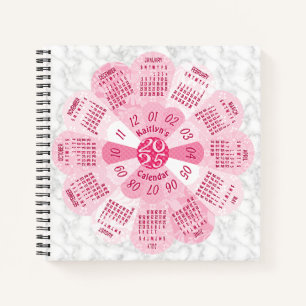 2025 Kalender Custom Boho Retro Roze Bloem Marmer Notitieboek