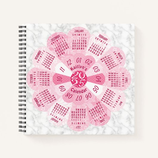 2025 Kalender Custom Boho Retro Roze Bloem Marmer Notitieboek (Voorkant)