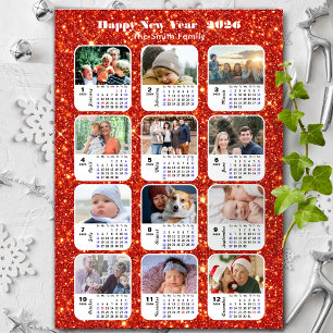 2025 Kalender Familie 12 Foto Moderne Rode Glitter