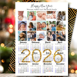 2025 Kalender Familie 15 Foto Collage Goud Glitter Feestdagenkaart