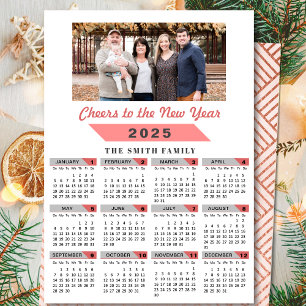 2025 Kalender Familie Foto Roze Glitter Minimalist Feestdagenkaart