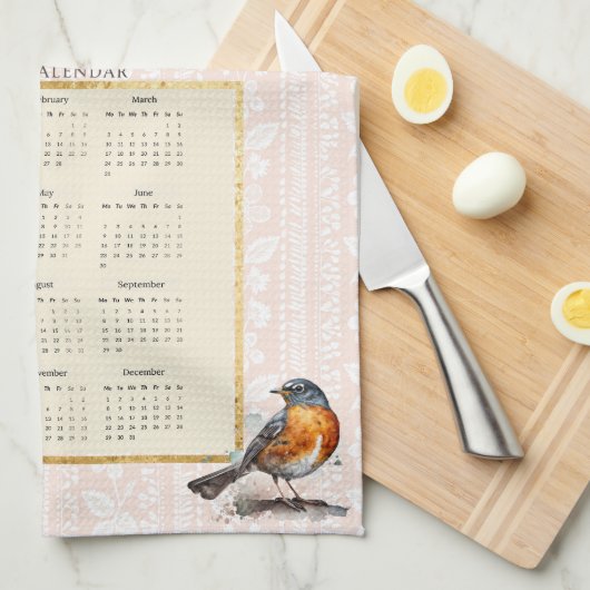 2025 Kalender Handdoek Robin Bird Peach Damask (Quarter Fold)