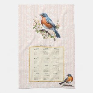 2025 Kalender Handdoek Robin Bird Peach Damask