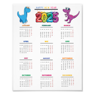 2025 Kalender Kleurrijke Grappige Dinosaurus Foto Afdruk