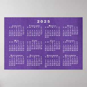 2025 Kalender op Paarse Linnen Textuur Foto Poster