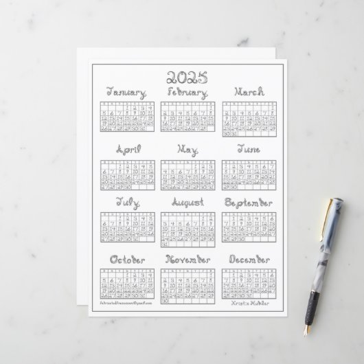 2025 Kalender Printable Zilver Grijs Stof Font (Voorkant / Achterkant in situ)