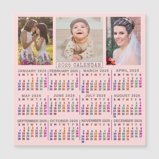 2025 Kalender Roze Familie Foto Collage Magneet (Voorkant)