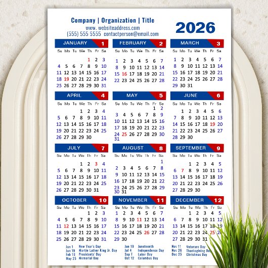 2025 Kalender Zakelijk Eenvoudig Blauw Rood Magnet