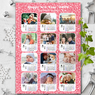 2025 Kalenderfamilie 12 Fotocollage Roze Glitter Feestdagenkaart