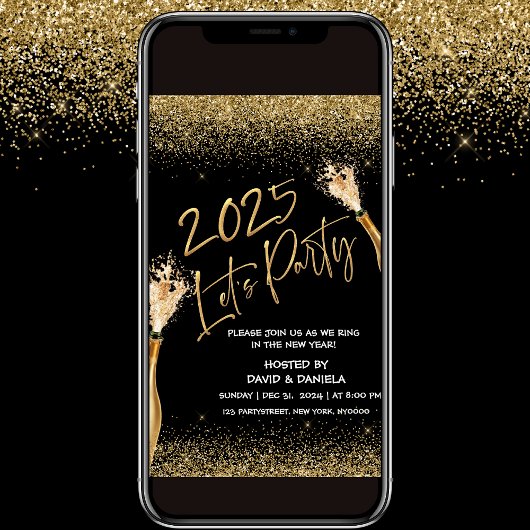 2025 Lets Party Black Gold nouvel an Invitation