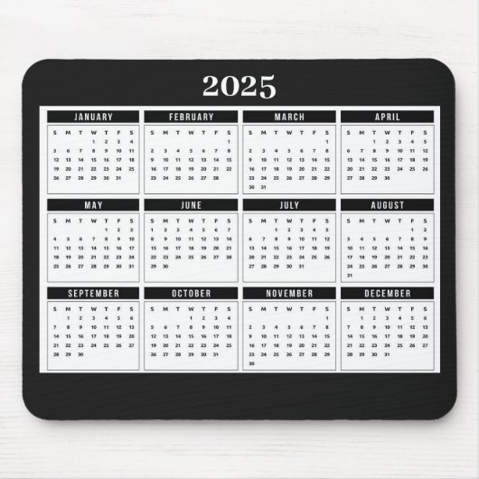 2025 Maandelijkse kalender Modern Zwart Wit Muismat (Voorkant)