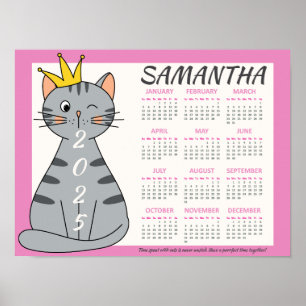2025 Maandkalender Schattige Roze Naam Speelse Kat Poster