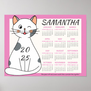 2025 Maandkalender Schattige Roze Speelse Witte Ka Poster