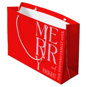 2025 Modern Kerst Merry and Bright Rood Roze Groot Cadeauzakje