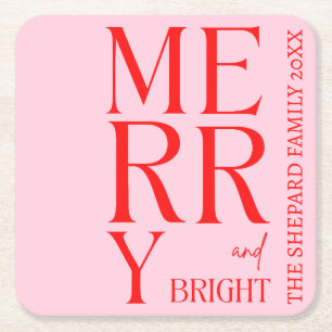 2025 Modern Kerst Merry and Bright Rood Roze Vierkante Kartonnen Onderzetter