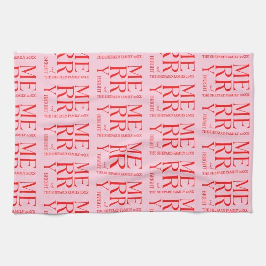 2025 Modern Merry and Bright Red Pink Christmas Theedoek (Horizontaal)