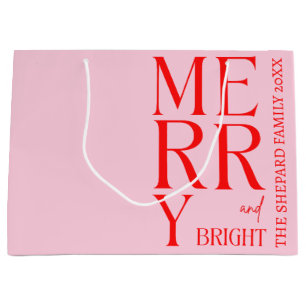 2025 Moderne Kerst Merry and Bright Rood Roze Groot Cadeauzakje