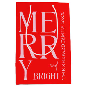 2025 Moderne Kerst Merry and Bright Rood Roze Medium Cadeauzakje