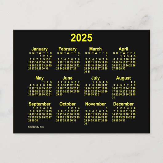 2025 Neon Gele Mini Kalender van Janz Briefkaart (Voorkant)