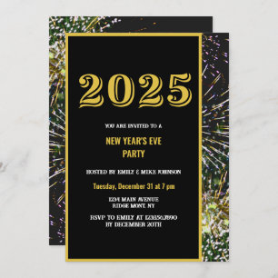 2025 Nieuwjaarsviering Gold Fireworks Invitation Kaart