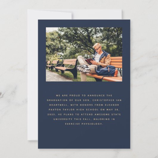 2025 Photo Arch Classic Navy Blauw Goud Afstuderen Aankondiging (Achterkant)