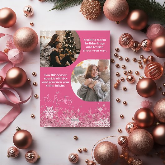 2025 Roze Retro Prettig Kerst Glitter Fotokaart Feestdagenkaart